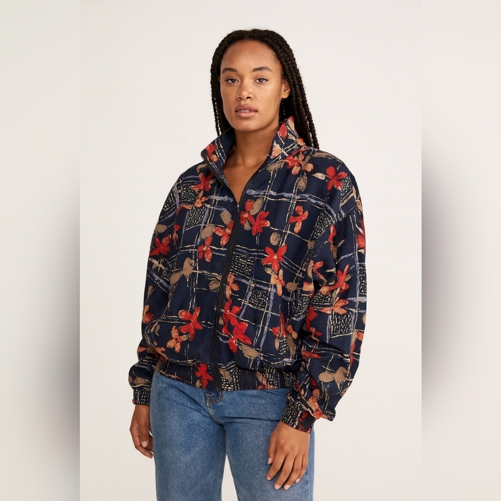 NWT Vintage 90s  R&R Sport Cottagecore Floral Bomber with Pockets & Shoulder Pad
